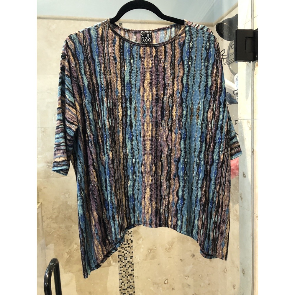 Clara Sun Woo Tunic Flare Hem Asymmetrical Aztec Print Blouse Blue Purple XS